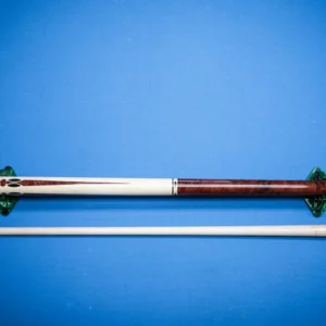 Full view of the 60-inch handcrafted Holly Wood pool cue featuring amboyna burl and a holly wood handle